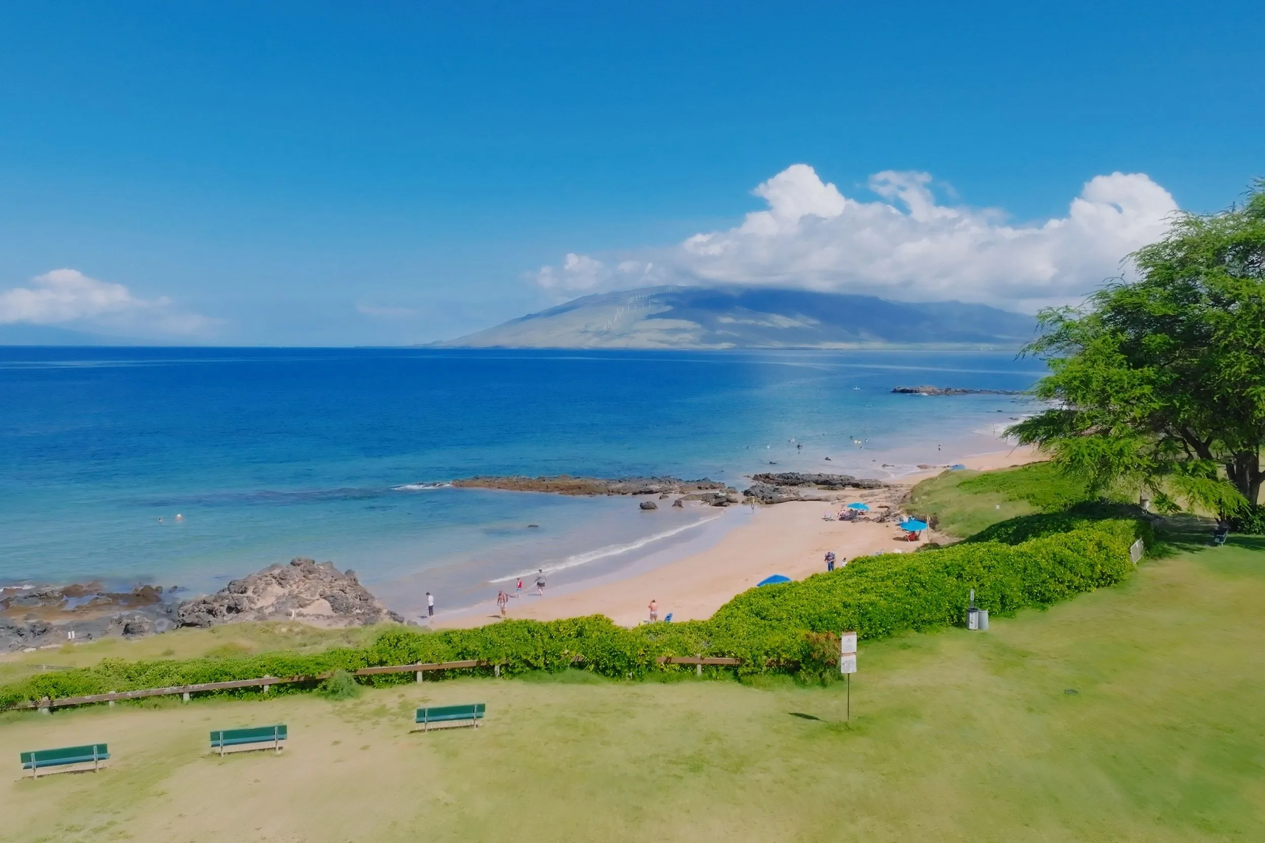 The lawn and beach in front of Haleakala Shores, looking out over the ocean