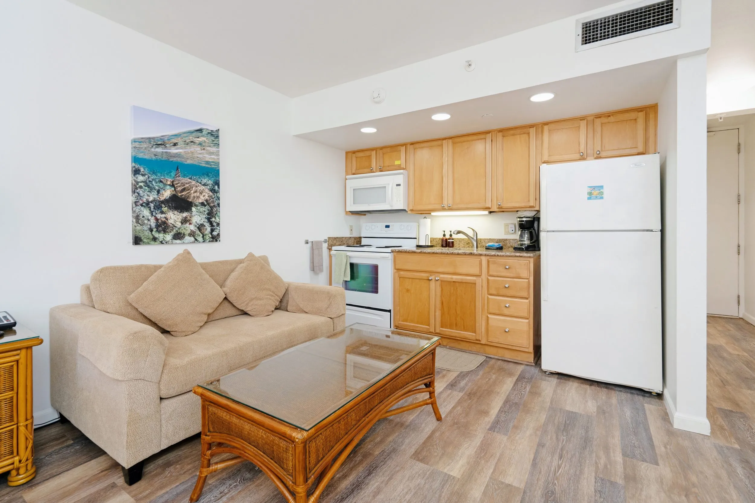 Sofa and coffee table in the living area with the kitchen behind