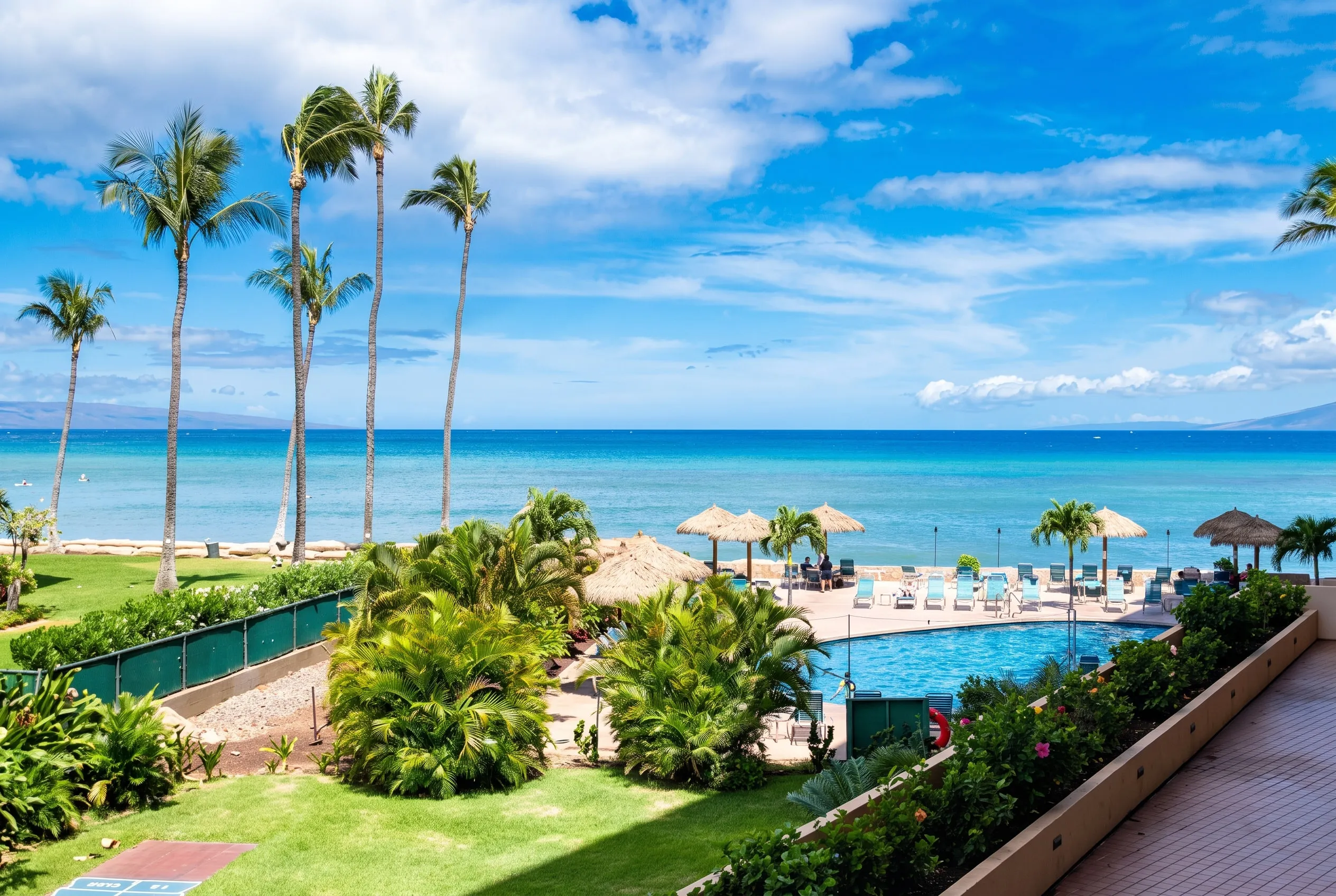 Palms, the resort pool and thatched umbrellas looking out to the ocean