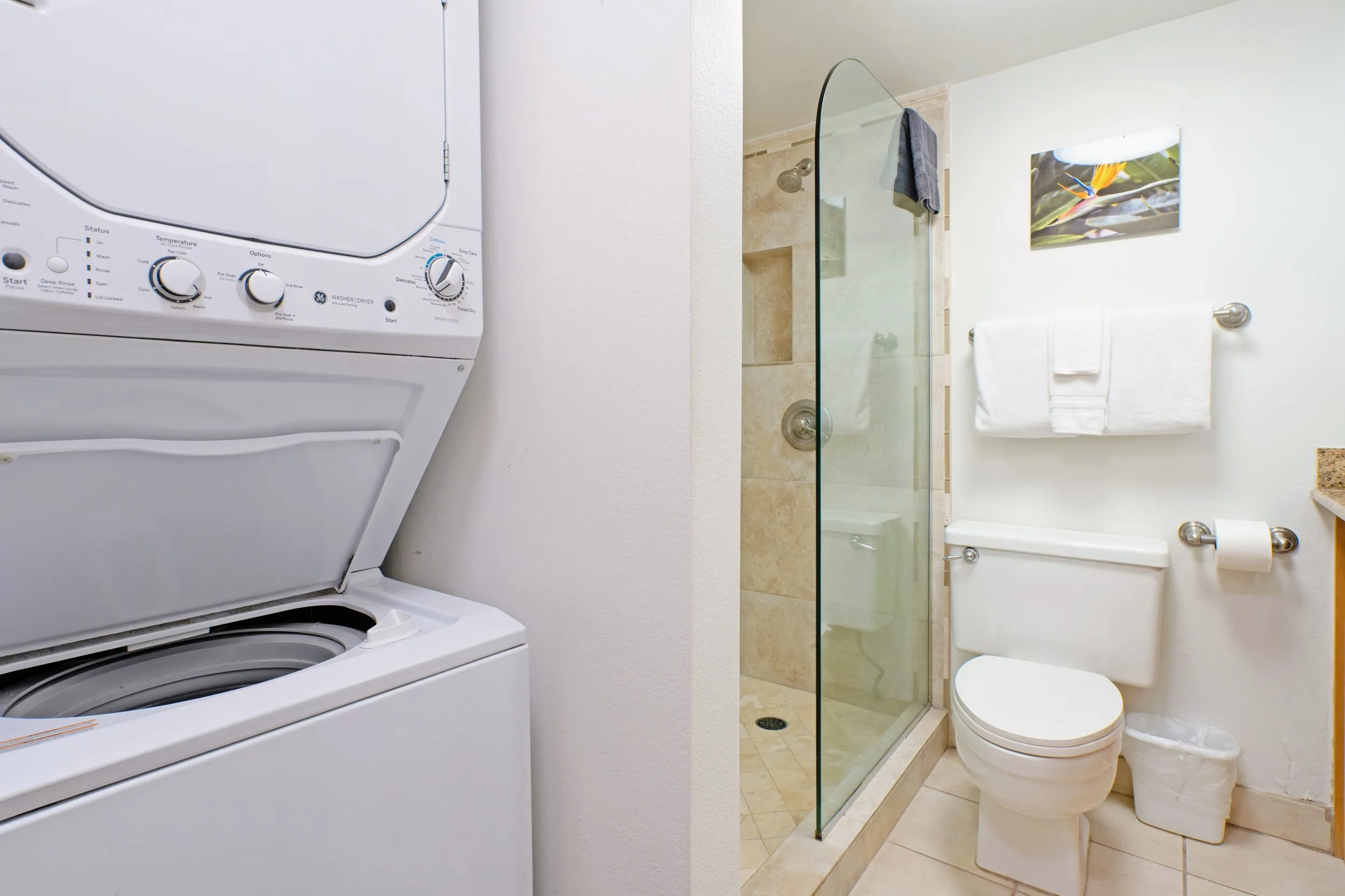 Stacked washer and dryer beside the bathroom